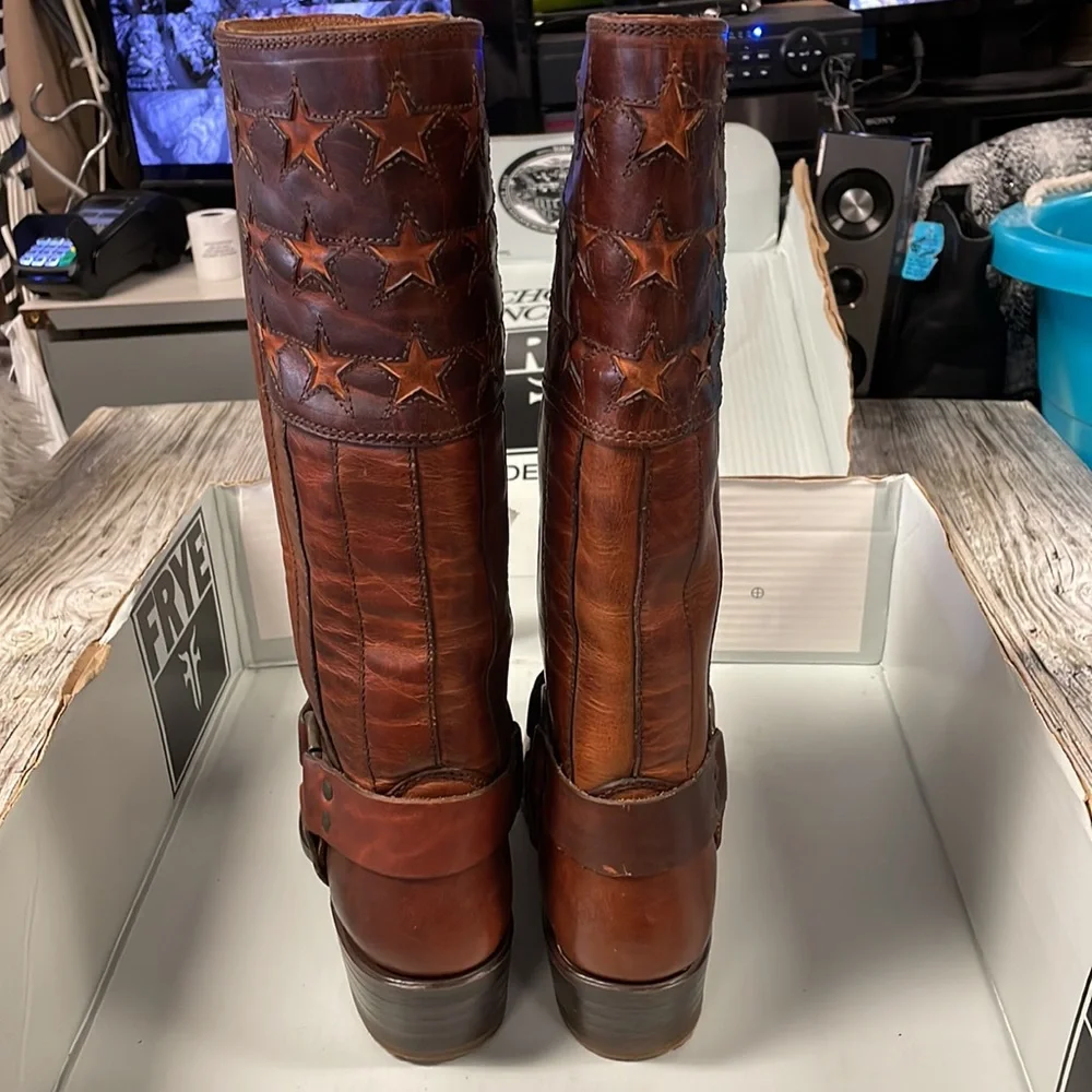 Frye Brown Leather Harness Knee-High Heeled Boots - Picture 6 of 10